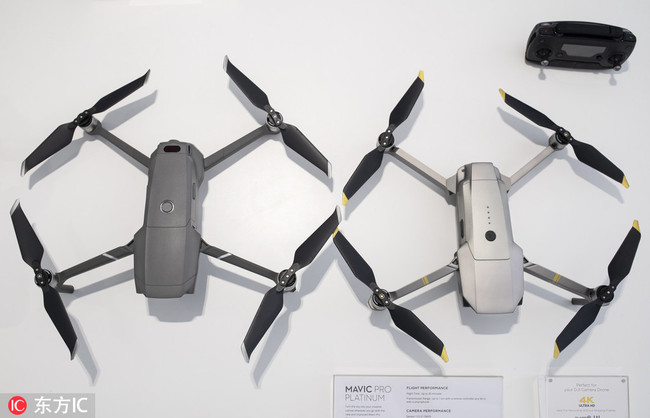 File Photo: A drone size comparison between the new DJI Mavic 2 Pro (Left) and DJI Mavic Pro Platinum (Right) at the Chinese multinational technology company DJI flagship store in Hong Kong, August 24, 2018.[Photo/IC]