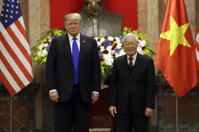 President Donald Trump meets Vietnamese President Nguyen Phu Trong at the Presidential Palace, Wednesday, Feb. 27, 2019, in Hanoi. [Photo: AP /Evan Vucci]