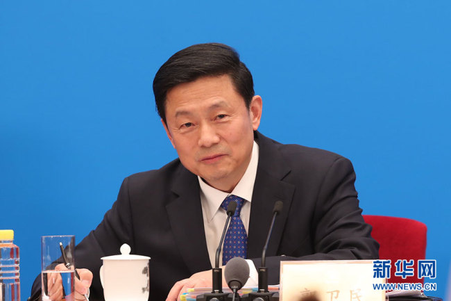 Guo Weimin, spokesperson for the second session of the 13th National Committee of Chinese People's Political Consultative Conference (CPPCC), speaks during a press conference at the Great Hall of the People in Beijing, on Saturday, March 2, 2019. [Photo: Xinhua]