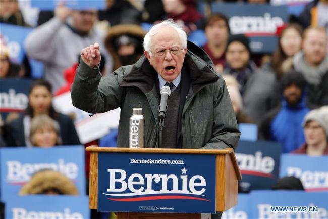 U.S. Senator Bernie Sanders (Front) speaks during his first presidential campaign rally in Brooklyn College, New York, the United States, March 2, 2019. [Photo: Xinhua]