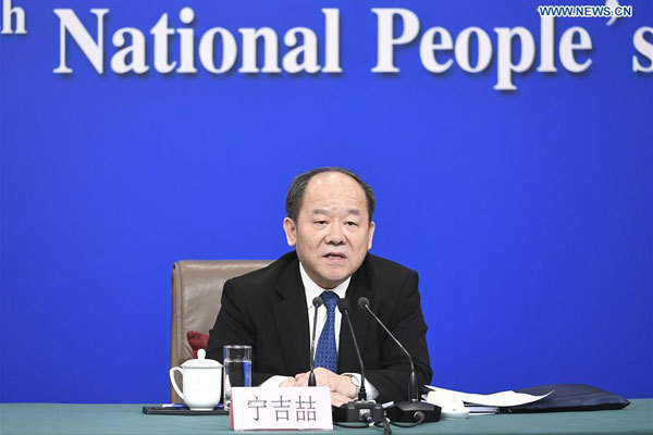 Ning Jizhe, deputy head of the National Development and Reform Commission, answers questions at a press conference on advancing the high-quality development of China's economy for the second session of the 13th National People's Congress in Beijing, capital of China, March 6, 2019. [Photo: Xinhua/Zhai Jianlan]