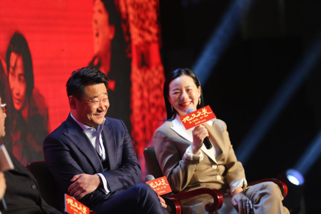 Veteran actor Wang Jingchun (left) and actress Yong Mei at a promotional event for their award-winning film "So Long, My Son", directed by Wang Xiaoshuai, on Wednesday, March 6, 2019.[Photo provided to China Plus]