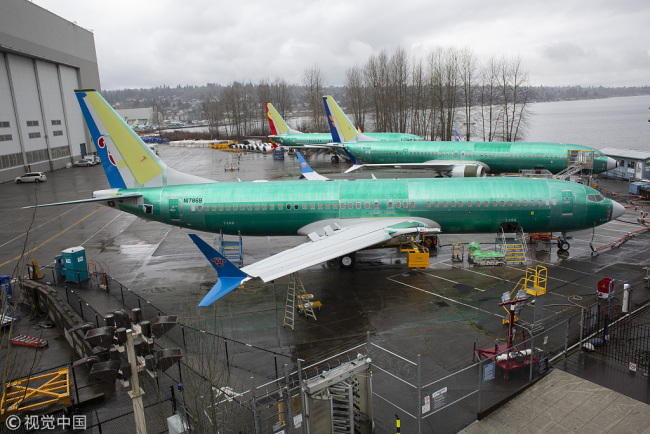 A 737 Max 8 plane destined for China Southern Airlines sits at the Boeing Co. manufacturing facility in Renton, Washington, U.S., on Tuesday, Mar. 12, 2019. The Boeing 737 Max crash in Ethiopia looks increasingly likely to hit the planemaker's order book as mounting safety concerns prompt airlines to reconsider purchases worth about $55 billion. [Photo via VCG/David Ryder]
