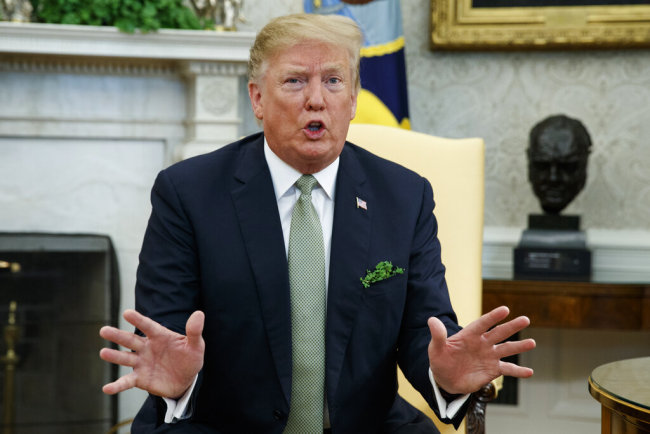 U.S. President Donald Trump speaks during a meeting with Irish Prime Minister Leo Varadkar in the Oval Office of the White House, Thursday, March 14, 2019, in Washington. [Photo: AP]