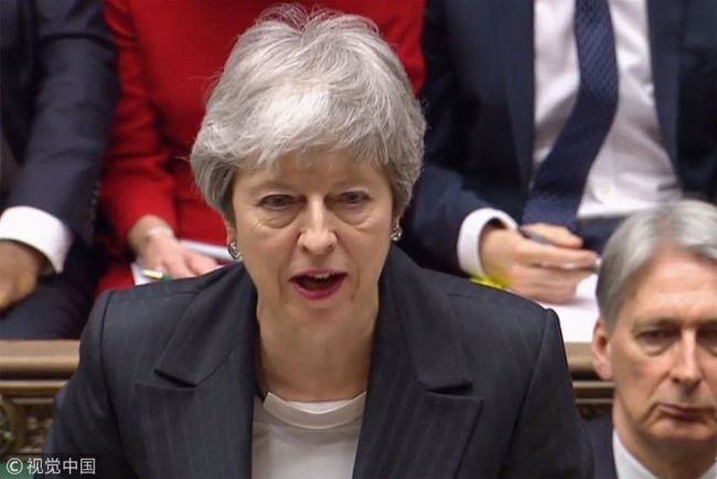 A video grab from footage broadcast by the UK Parliament's Parliamentary Recording Unit (PRU) shows Britain's Prime Minister Theresa May speaking at the start of the weekly Prime Minister's Questions (PMQs) question and answer session in the House of Commons in London on March 20, 2019.[Photo:VCG]