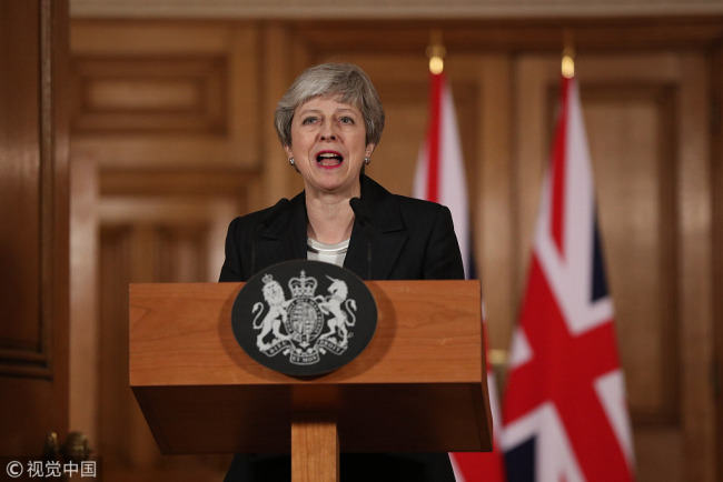 British Prime Minister, Theresa May addresses the nation after asking the European Union for a Brexit extension, at number 10 Downing Street on March 20, 2019 in London, England. [Photo: VCG]