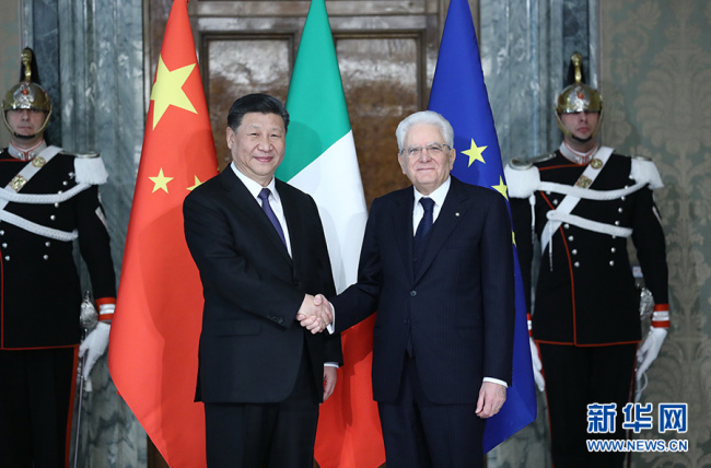 Chinese President Xi Jinping (L, front) and his Italian counterpart Sergio Mattarella (R, front) hold talks in Rome, Italy, March 22, 2019. [Photo: Xinhua]