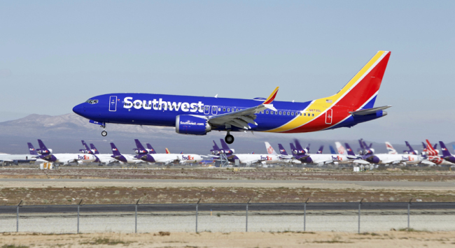 In this Saturday, March 23, 2019, photo, a Southwest Airlines Boeing 737 Max aircraft lands at the Southern California Logistics Airport in the high desert town of Victorville, Calif. Southwest, which has 34 Max aircraft, is making cancellations five days in advance, with an average of 130 daily cancellations. [Photo: AP]