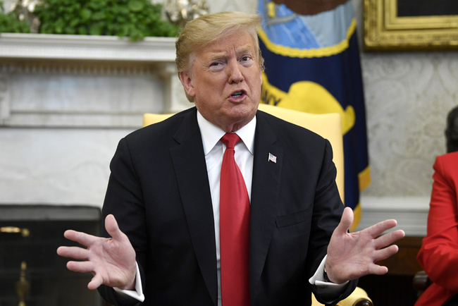 U.S. President Donald Trump speaks during a meeting with Fabiana Rosales, a Venezuelan activist who is the wife of Venezuelan opposition leader Juan Guaido, in the Oval Office of the White House in Washington, March 27, 2019. [Photo: AP/Susan Walsh]