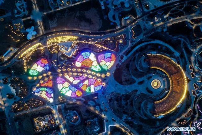 Aerial photo taken on March 26, 2019 shows the night view at the site of the International Horticultural Exhibition 2019 Beijing China (Expo 2019 Beijing) in Yanqing District of Beijing, capital of China. The 2019 Beijing International Horticultural Exhibition is slated to kick off on April 29, 2019. [Photo: Xinhua/Zhang Chenlin]
