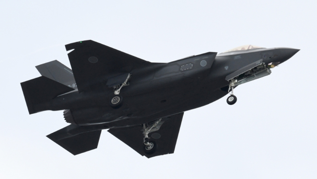 An F-35 fighter aircraft of the Japan Air Self-Defense Force takes part in a military review at the Ground Self-Defence Force's Asaka training ground in Asaka, Saitama prefecture on October 14, 2018. [File photo: AFP/Kazuhiro Nogi]