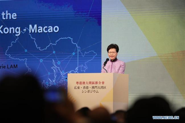 Chief Executive of Hong Kong Special Administrative Region Carrie Lam delivers a speech at a symposium for China's Guangdong-Hong Kong-Macao Greater Bay Area, in Tokyo, Japan, on April 9, 2019. [Photo: Xinhua]