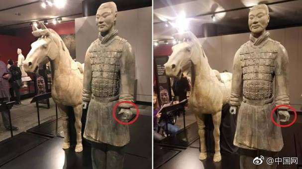 The Terracotta Warrior on display at the Franklin Institute in Philadelphia. The thumb was broken off the statue and taken away by a Delaware man on December 21, 2017. [Photo: Weibo account of China.org.cn]