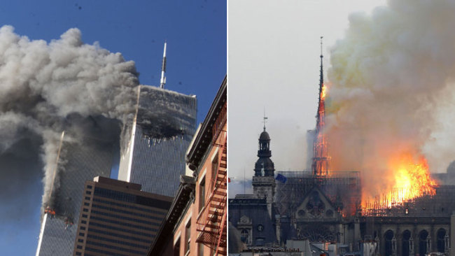 A photo combination of smoke rising from the burning twin towers of the World Trade Center (left) and flames rising from Notre Dame cathedral [Photo: AP]
