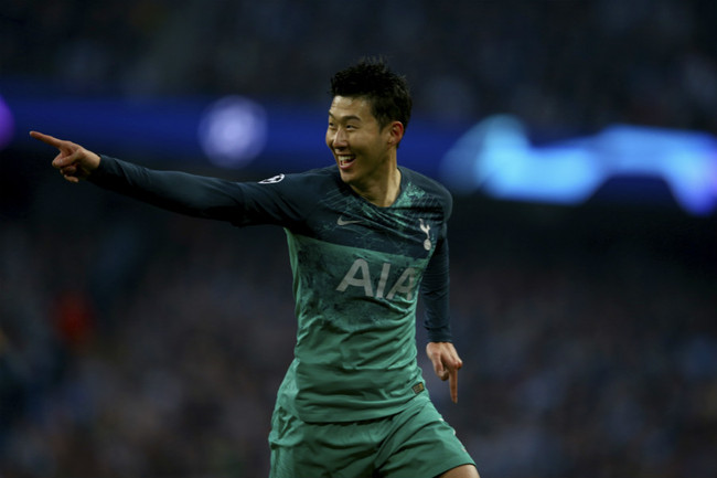 Tottenham's Son Heung-Min celebrates scoring during the Champions League quarterfinal second leg soccer match at Etihad Stadium in Manchester, England on Wednesday, April 17, 2019. [Photo: AP]