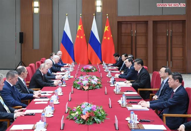 Chinese President Xi Jinping holds talks with his Russian counterpart Vladimir Putin on the sidelines of the Second Belt and Road Forum for International Cooperation in Beijing, capital of China, April 26, 2019. [Photo: Xinhua/Shen Hong]