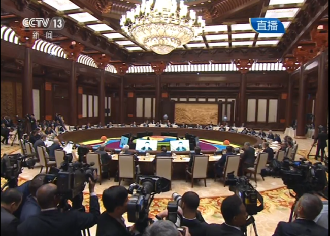 The Leaders Roundtable of the second Belt and Road Forum for International Cooperation is being held in Beijing on Saturday, April 27, 2019. [Screenshot: China Plus]