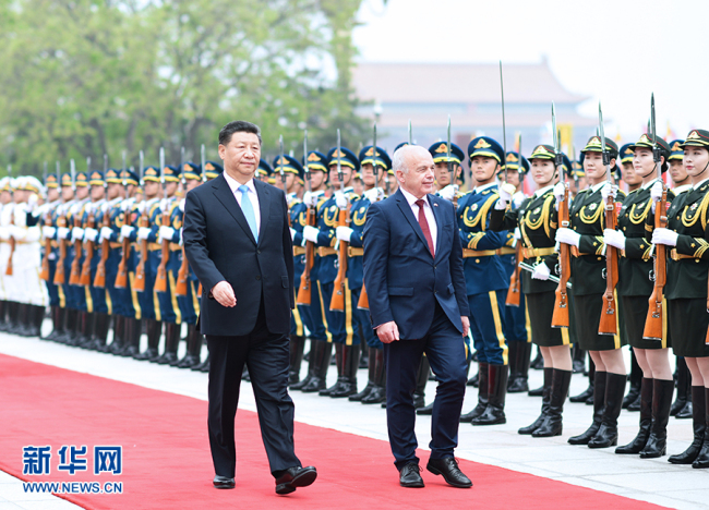 Chinese President Xi Jinping hosts a welcome ceremony for Swiss Confederation President Ueli Maurer in Beijing on April 29, 2019. [Photo: Xinhua]