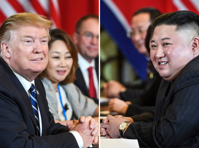 This combination of files pictures made on April 18, 2019, shows US President Donald Trump (L) and North Korea's leader Kim Jong Un (R) smiling during a bilateral meeting on February 28, 2019. [File Photo: AFP]