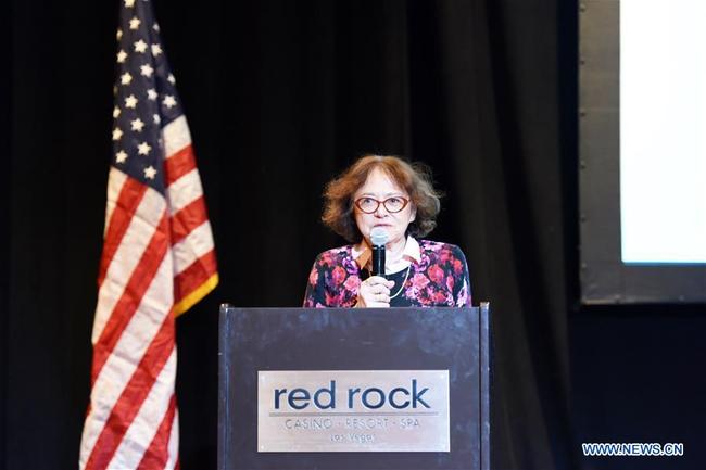 Cynthia Chennault, daughter of late U.S. General Claire Lee Chennault, addresses the opening ceremony of the 4th Sino-American Second World War Friendship and Flying Tiger History Conference in Las Vegas, the United States, May 10, 2019. [Photo: Xinhua/Han Fang]