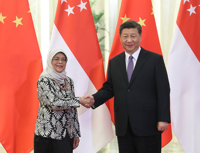 Chinese President Xi Jinping meets with Singaporean President Halimah Yacob in Beijing on May 14, 2019. [Photo: Xinhua]