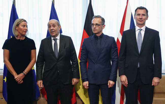 (From L to R) EU's High Representative for Foreign Affairs and Security Policy Federica Mogherini, French Foreign Minister Jean-Yves Le Drian, German Foreign Minister Heiko Maas and Britain's Foreign Secretary Jeremy Hunt pose for a photo prior to a EU Foreign Affairs Council meeting at the EU headquarters in Brussels on May 13, 2019. [Photo: Pool/AFP/Francois Lenoir]