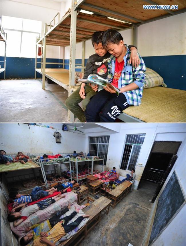 Combo photo shows children reading books(读书 dúshū) at a new dormitory(宿舍 sùshè) on May 10, 2019 (upper) and children sleeping in the dormitory on July 1, 2014 in Nongyong Village of Bansheng Township in Dahua Yao Autonomous County, south China's Guangxi Zhuang Autonomous Region. [Photo: Xinhua/Huang Xiaobang]