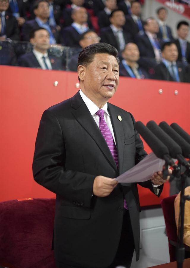 Chinese President Xi Jinping delivers a speech at the Asian culture carnival, a major event of the ongoing Conference on Dialogue of Asian Civilizations, at the National Stadium in Beijing, capital of China, on May 15, 2019. Xi and his wife Peng Liyuan attended the carnival together with foreign guests on Wednesday evening. [Photo: Xinhua]