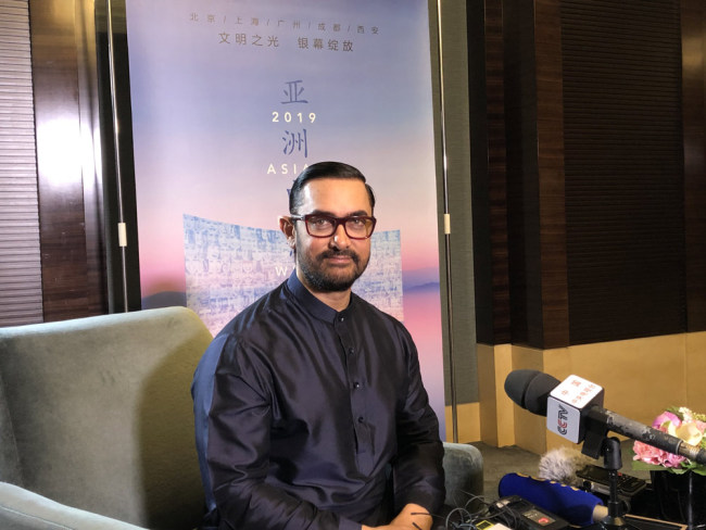 Aamir Khan is seen at an interview before joining the Asian Film and TV Week, which kicked off in Beijing on Thursday, May 16, 2019. [Photo: China Plus]