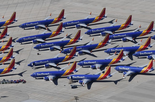 Southwest Airlines Boeing 737 MAX aircraft are parked on the tarmac after being grounded, at the Southern California Logistics Airport in Victorville, California on March 28, 2019. [Photo: AFP]