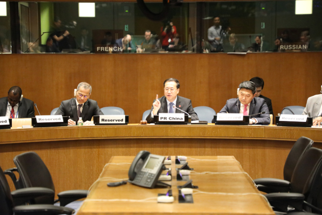 China's Permanent Representative to the United Nations, Ma Zhaoxu (center) speaks during a briefing on U.S.-China trade relations at UN headquarters, New York, May 17, 2019. [Photo: China Plus/Qian Shanming]