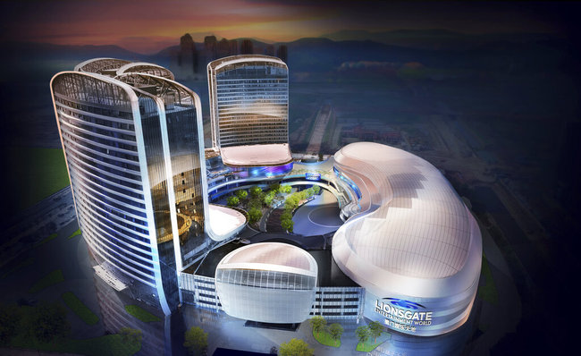 This rendering released by Lionsgate shows the aerial view of Lionsgate Entertainment World, a virtual reality-heavy theme park set to open in July on Hengqin island in Zhuhai, China. The park will feature rides, shops and attractions set in the worlds of popular Lionsgate films including "The Hunger Games," "Twilight" and "Escape Room." [Photo: AP]