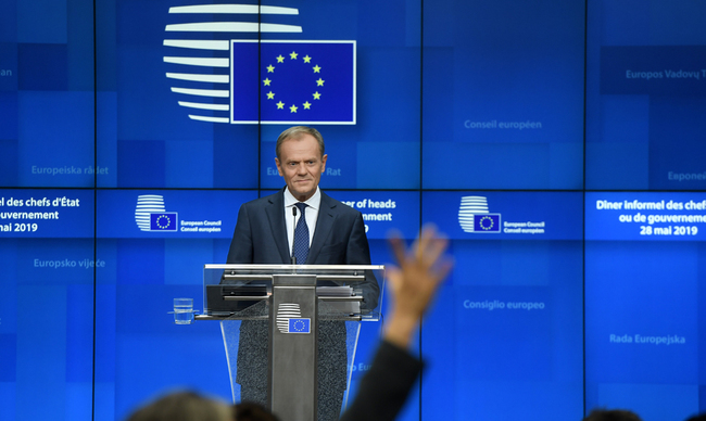 European Council President Donald Tusk addresses media representatives after a European Union (EU) summit at EU Commission Headquarters in Brussels on May 28, 2019. [Photo: AFP/Emmanuel Dunand]