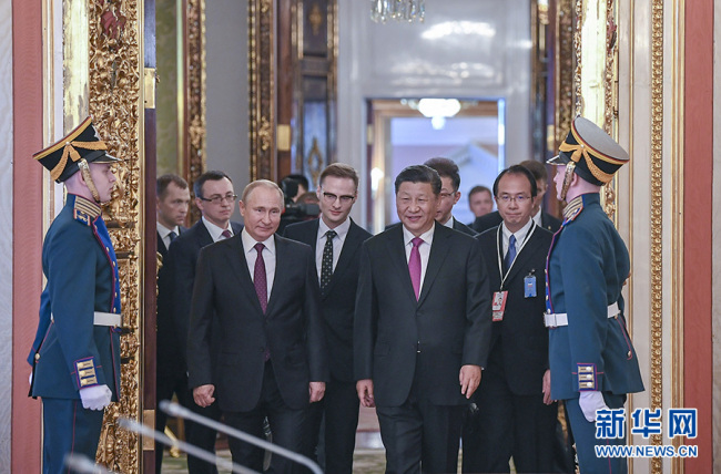 Chinese President Xi Jinping and his Russian counterpart, Vladimir Putin hold talks in the Kremlin in Moscow on June 5, 2019. [Photo: Xinhua]