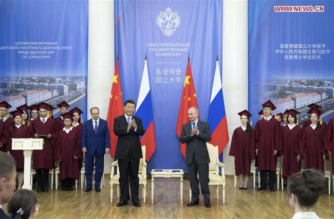 Chinese President Xi Jinping attends a ceremony at which he is awarded an honorary doctorate from Russia's St. Petersburg State University in St. Petersburg, Russia, June 6, 2019. [Photo: Xinhua/Li Tao]