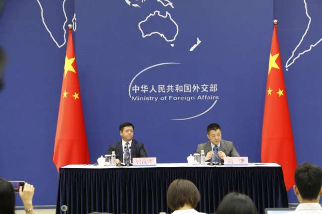 China's Assistant Foreign Minister Zhang Hanhui briefs the press on Chinese President Xi Jinping's upcoming visit to Kyrgyzstan and Tajikistan from June 12 to 16, 2019. [Photo: China Plus]