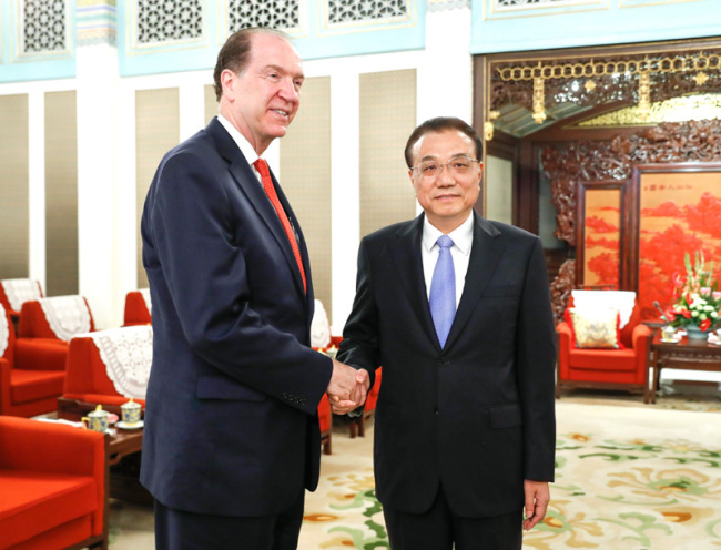 Chinese Premier Li Keqiang meets with World Bank President David Malpass in Beijing on Tuesday, June 11, 2019. [Photo: gov.cn]