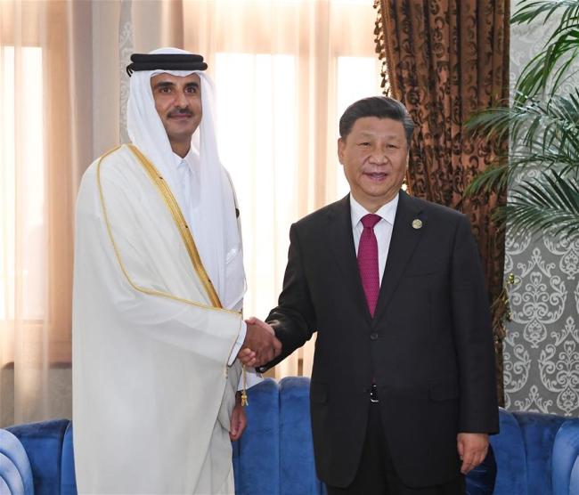 Chinese President Xi Jinping (R) meets with Qatari Emir Sheikh Tamim Bin Hamad Al-Thani in Dushanbe, Tajikistan, June 15, 2019. [Photo: Xinhua]
