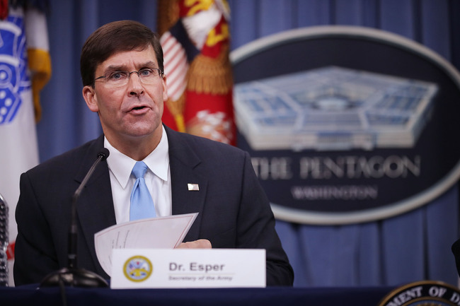 In this file photo taken on July 13, 2018 US Army Secretary Mark Esper announces that Austin, Texas, will be the new headquarters for the Army Futures Command during a news conference at the Pentagon in Arlington, Virginia. [Photo: AFP]<br>