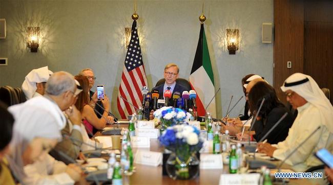 U.S. Special Representative for Iran Brian Hook (C) speaks at a press conference in Kuwait City, Kuwait, on June 23, 2019. [Photo: Xinhua]