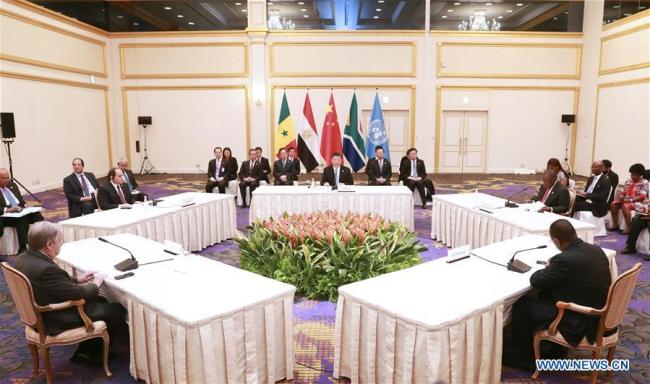Chinese President Xi Jinping chairs a China-Africa leaders' meeting in Osaka, Japan, June 28, 2019. The meeting was also attended by South African President Cyril Ramaphosa, also former African co-chair of the Forum on China-Africa Cooperation (FOCAC); Egyptian President Abdel-Fattah al-Sisi, also rotating chair of the African Union; Senegalese President Macky Sall, current African co-chair of the FOCAC; and UN Secretary-General Antonio Guterres. [Photo: Xinhua/Pang Xinglei]