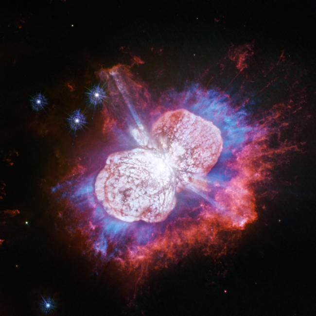This Hubble Space Telescope image of the giant, petulant star Eta Carinae is yielding new surprises. Telescopes such as Hubble have monitored the super-massive star for more than two decades. The star, the largest member of a double-star system, has been prone to violent outbursts, including an episode in the 1840s during which ejected material formed the bipolar bubbles seen here. [Photo: nasa.gov]