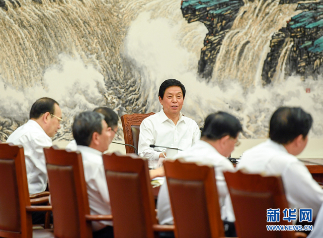Li Zhanshu, a member of the Standing Committee of the Political Bureau of the Communist Party of China Central Committee and chairman of the Standing Committee of the NPC, holds a meeting with chiefs of the standing committees of provincial-level people's congresses in Beijing on July 3, 2019.[Photo: Xinhua]