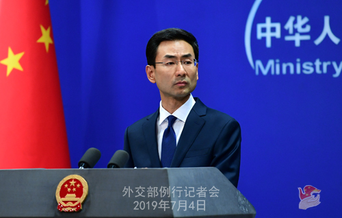 Foreign Ministry spokesperson Geng Shuang holds a press briefing in Beijing, July 4, 2019. [Photo: fmprc.gov.cn]