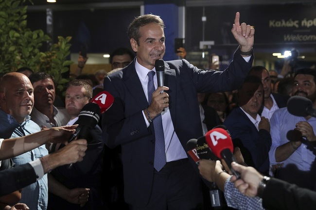 Greek opposition New Democracy conservative party leader Kyriakos Mitsotakis talks to his supporters at the New Democracy headquarters in Athens, on Sunday, July 7, 2019.[Photo: IC]