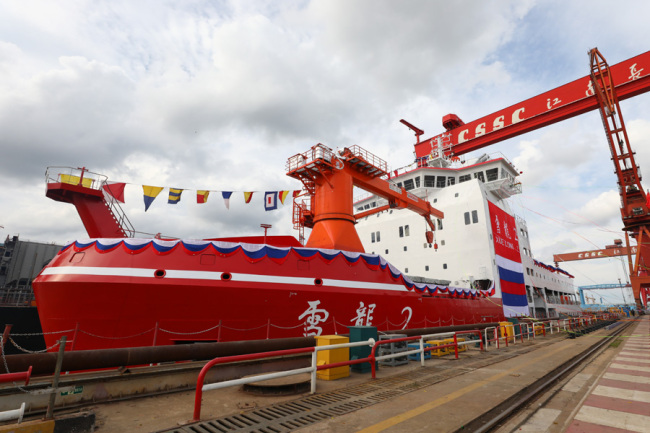 China's first domestically-built polar research vessel and icebreaker "Xuelong 2" prepares to take water at Jiangnan Shipyard in Shanghai, September 10, 2018. [Photo: IC]