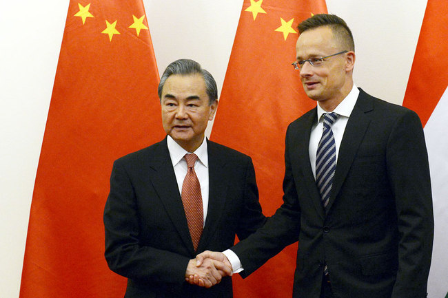 Chinese State Councilor and Foreign Minister Wang Yi (L) shakes hands with Hungarian Foreign Minister Peter Szijjarto during their meeting in the latter's office in Budapest, Hungary, Friday, July 12, 2019. [Photo: MTI via AP/Lajos Soos]