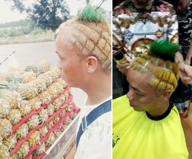 A man cut his hair(头发 tóufa) in the style of a pineapple(菠萝 bōluó) to help sell(卖 mài) the fruit(水果 shuǐguǒ) in Nanning, Guangxi Zhuang Autonomous Region, July 14, 2019. Su Changfeng has been selling pineapples for six years. [Photo: IC]