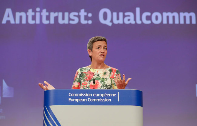 EU Commissioner for Competition Margrethe Vestager, from Denmark, speaks at a news conference on an antitrust decision on Qualcomm at the European Commission in Brussels, Belgium, July 18, 2019. [Photo: EPA via IC/Stephanie Lecocq]