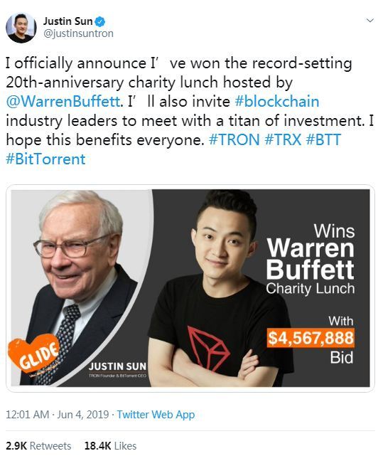 Screenshot of Sun Yuchen's Twitter account, announcing that he'd won the Buffett charity lunch auction with a bid of more than 4.5 million U.S. dollars. [Photo: China Plus]